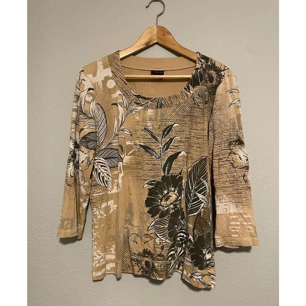 Katina Marie Womens Top Large Brown Floral Print Rhinestone 3/4 Sleeve Artsy Y2K